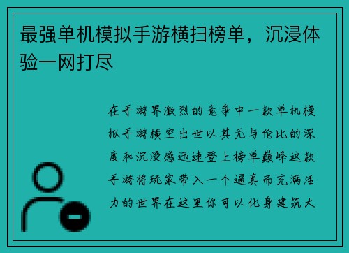 最强单机模拟手游横扫榜单，沉浸体验一网打尽